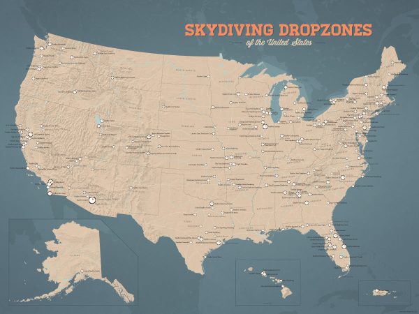 US Skydiving Dropzones Map 18x24 Poster For Discount